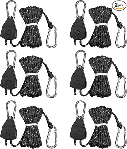 13ft Adjustable Outdoor Windproof Rope Ratchet Strap Tie Down Straps Small Mini Reflctive Paracord Rope Tent Hanger Grow Light Kayak 5/32" Black 6 Pack