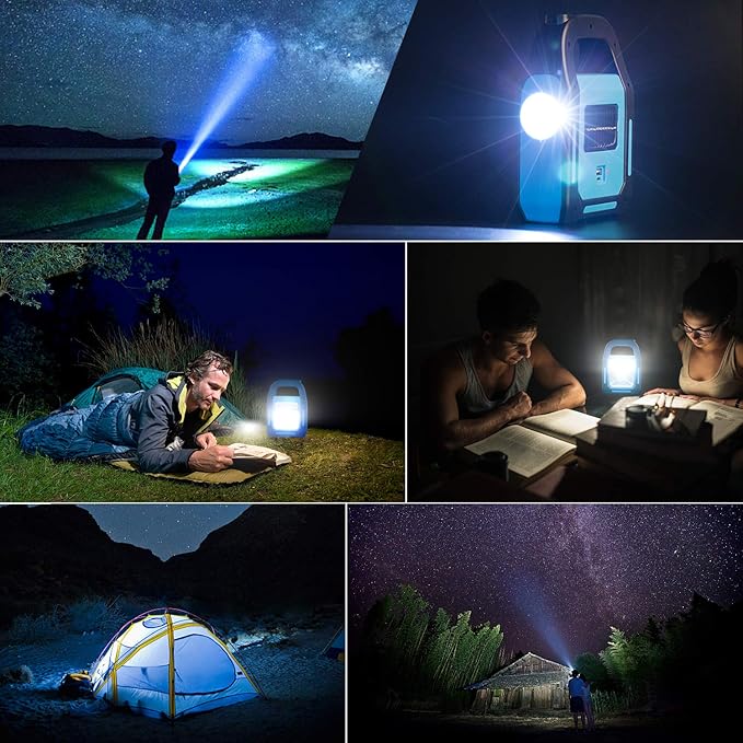2 Pack Solar Lantern Camping Essentials Accessories Lights, LED Lantern Flashlight for Power Outages, Rechargeable Tent Lights for Emergency, Hurricane, Survival Kits, Operated Lamp