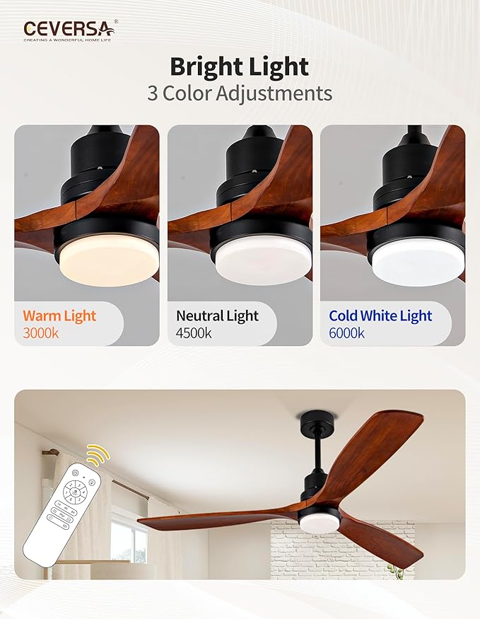60 Inch Outdoor Ceiling Fans with Lights and Remote, 3 Blade Wood Ceiling Fan, Noiseless Reversible DC Motor for Patio, Living Room, Bedroom, Indoor, Farmhouse