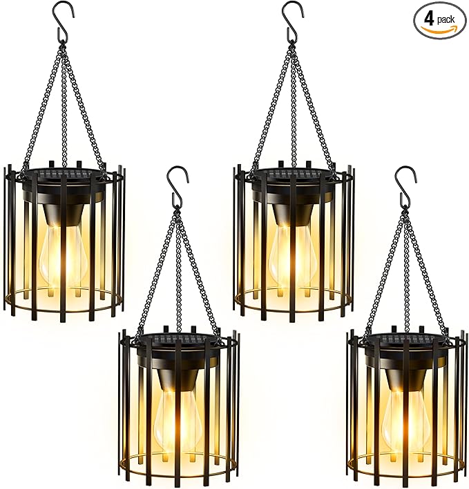 KOOPER Solar Lanterns Outdoor Waterproof, 4 Pack Upgraded Bright Hanging Solar Lights Outdoor Lanterns Decorative, Auto ON/Off Metal Hanging Lantern Lights for Pathway Yard Patio Garden Decor