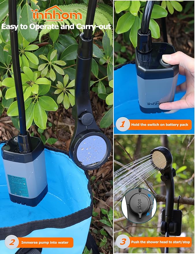 innhom Portable Shower for Camping, 6000mAh Rechargeable Camping Shower with LED Display, 2 Mode Electric Outdoor Camp Shower Pump for Hiking, Travelling, Washing, Grey