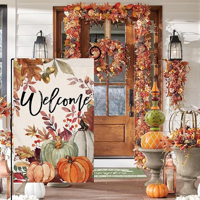 BLKWHT Fall Pumpkin Leaves Garden Flag 12x18 Vertical Double Sided Welcome Autumn Thanksgiving Holiday Outside Decorations Burlap Yard Flag BW823