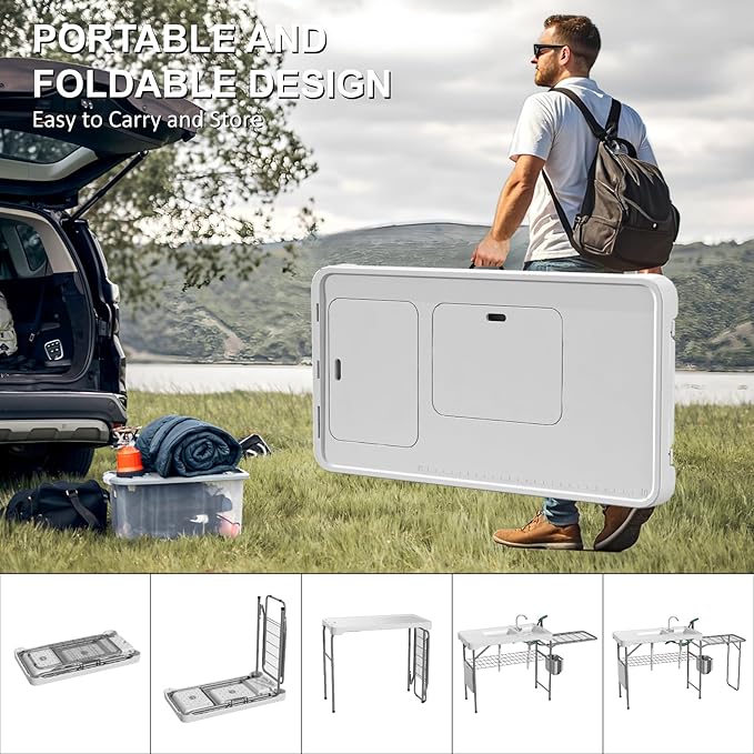 42.5" Fish Cleaning Table with Dual Sink, Portable Folding Camping Table with Foldable Extension Stand, Faucet, Sprayer, Grid Rack, Hose Hook Up & Knife Groove, Outdoor Sink Station for Picnic