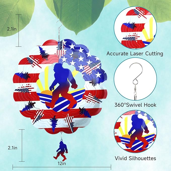 Bigfoot Wind Spinners Gift Patriotic Sasquatch Gifts for Women Men, 12 Inch Outdoor Metal 3D Wind Spinner Garden Yard Decor
