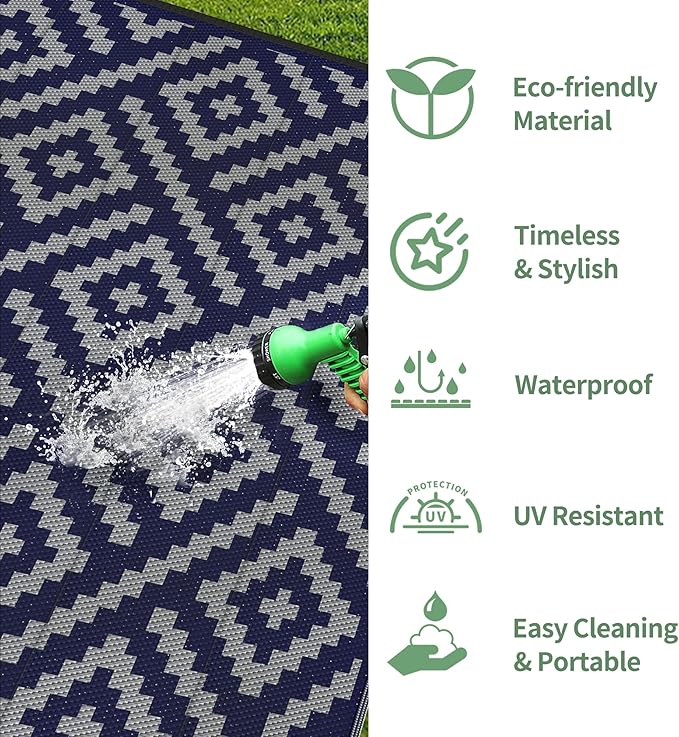 GENIMO Outdoor Rug for Patio Clearance, 8'x10' Waterproof Camping Mat, Reversible Plastic Straw Rugs for RV, Camper, Balcony, Backyard, Picnic, Deck (Blue & Grey)