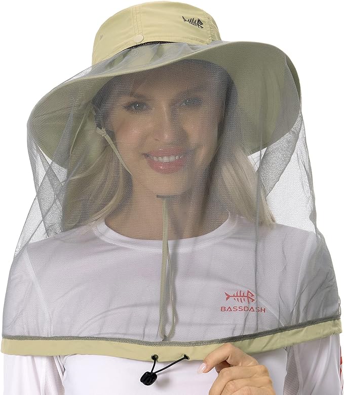 BASSDASH UPF 50+ Mosquito Sun Hat with Hidden Head Net and Neck Flap for Men Women Outdoor Fishing Hiking Camping FH16