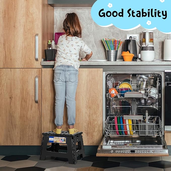 ACKO Folding Step Stool 9 Inch 300 lb Capacity, Plastic Foldable Step Stools for Kids and Adults, Folding Stools Suitable for Kitchen, Stepping Stool with Handle Black 1PC