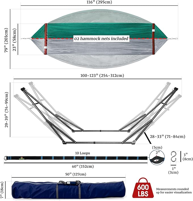 Tranquillo Combo x2 Hammocks with Stand for Outside & Tree Straps, Heavy Duty Hammock with Stand 600lbs for Indoor Outdoor Patio Backyard, x2 Hammocks for 2 Person, Portable Carrying Bags, Peacock