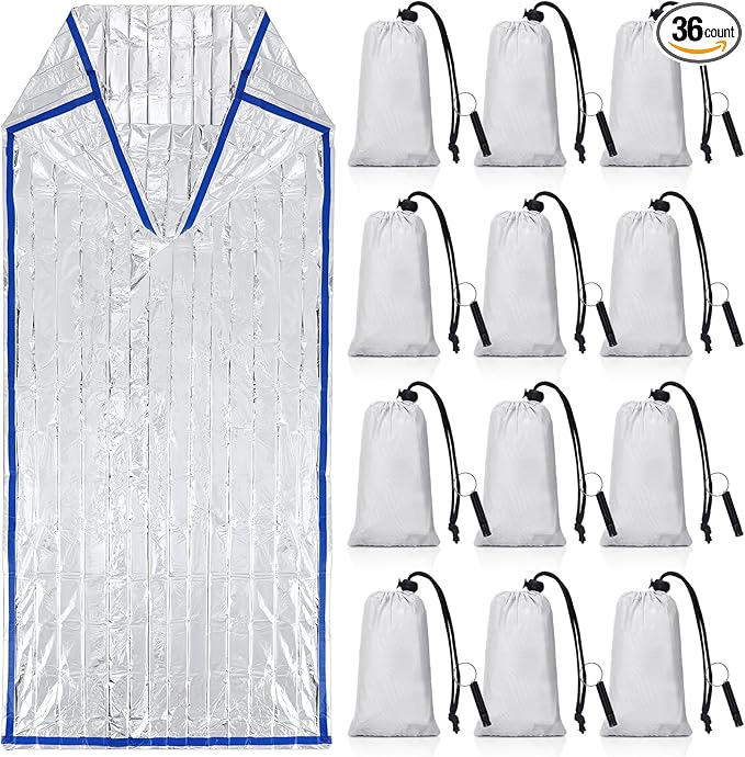 Qunclay 12 Set Emergency Sleeping Bag Survival Bivvy Sack Blanket with Whistles Lightweight Portable Thermal Survival Bag Thick Tent with Hood Extension Nylon Stuff Sack