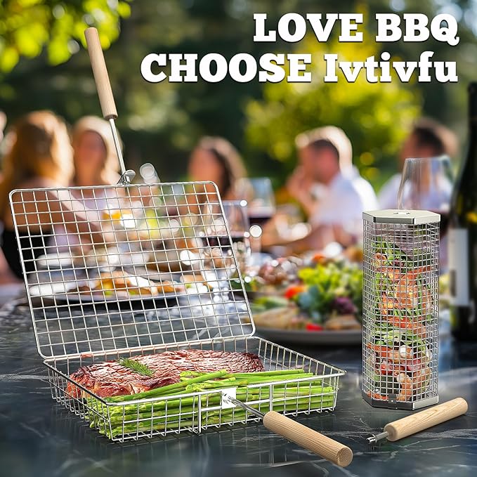 Grill Basket Set (Rectangular+Hexagon), Removable Wooden Handle, 304 Stainless Steel, Rolling Grilling Net, BBQ Accessories Tools for Vegetables Shrimp, Outdoor Cooking Camping, Birthday Gifts for Men Dad Husband