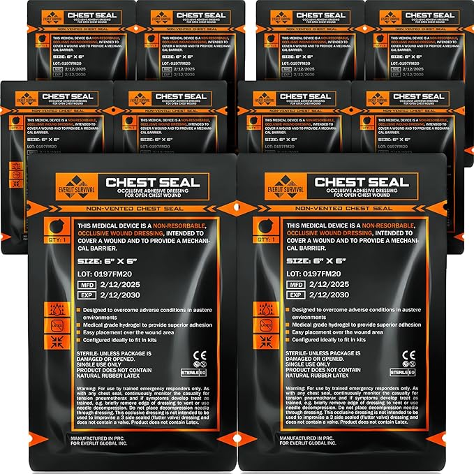 EVERLIT Occlusive Chest Seal Non-Vented Adhesive Dressing for Open Chest Injury and Sucking Chest Wound (10 Count)