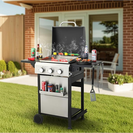 3-Burner Portable Propane Gas Grill with Stainless Steel Plancha Griddle - 36900 BTU Outdoor BBQ Grill with Foldable Side Shelves, Enamel Cooking Grids & Tool Hanging Basket