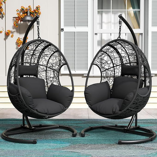Hanging Egg Chair with Stand - Egg Swing Chair Outdoor Indoor Patio Wicker Chair Swing Hammock Egg Chairs 400lbs Capacity for Outside Patio, Bedroom, Garden and Balcony (Grey-nest, 2P)