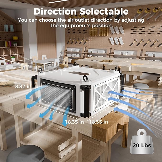 ALORAIR 2 Stage 270° Intake (580/780CFM) Air Filtration Systems Woodworking Built-In Ionizer with Remote Control & Strong Vortex Fan, Hanging Mode for Works Shop, Shop Dust Collectors, Purecare 780IG