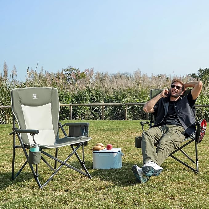 EVER ADVANCED Oversized Folding Camping Chair for Adults, Heavy Duty Lawn Chair with Side Pockets, Portable Collapsible Quad Chair for Outside, Support Up to 500lbs