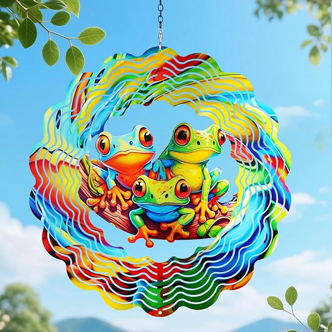 Frog Wind Spinners Outdoor,12 inch 3D Hanging Wind Spinner Garden Decor Gifts for Women/Men,Metal Wind Kinetic Sculpture Decorations for Patio,Yard Art,Porch,Yard,Deck