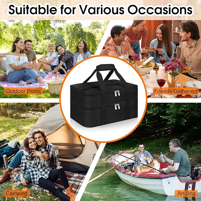 Double Insulated Casserole Carrier, Portable Casserole Carrier for Hot or Cold Food Lunch Tote Warmer or Cooler Bag, Lasagna Lunch Bag for Potluck Parties- Fits 9" x 13" Baking Dish-Black