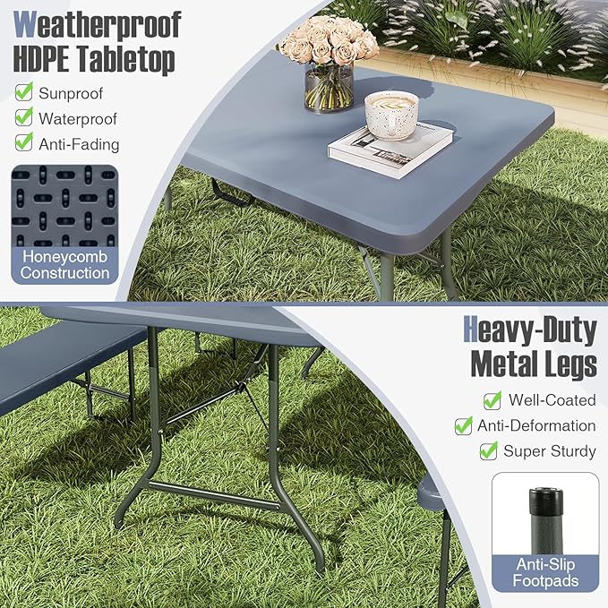 Goplus 6ft Plastic Folding Table, 350 LBS Outdoor Heavy Duty Folding Tables with HDPE Tabletop, Handle, Lock, Foldable Rectangle Portable Utility Card Table for Picnic, Party, Camping, Dining
