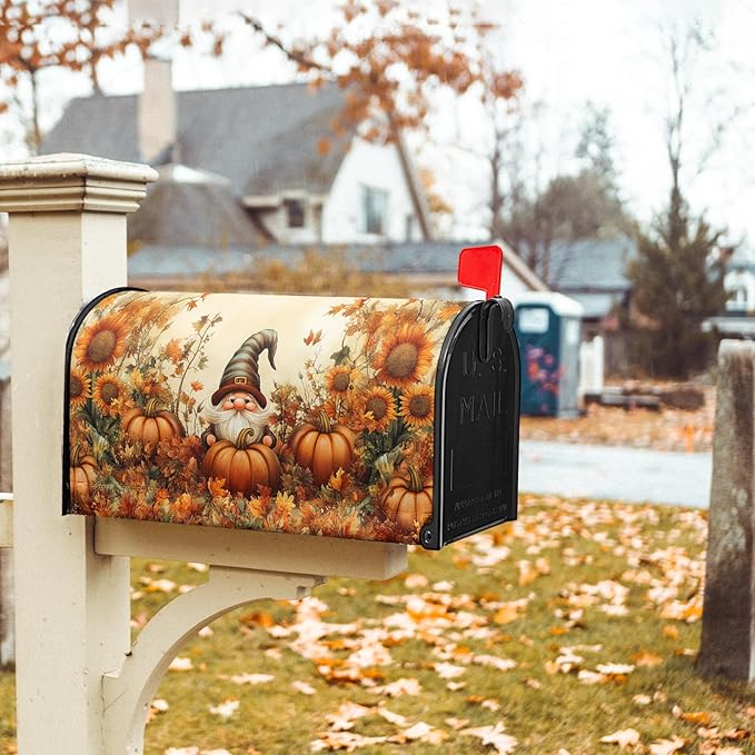 Fall Gnome Mailbox Cover Magnetic Large Size 25.5x21 inch Autumn Pumpkin Sunflower Post Letter Box Wrap Seasonal Dust-Proof Letterbox Covers Protection for Home Outdoor Garden Yard