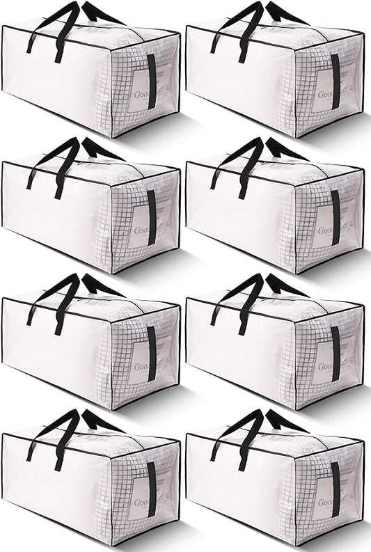 8 Pack Large Strong Moving Bags with Zippers & Carrying Handles - Water-Resistant - Heavy Duty Storage Tote for Space Saving, Fold Flat, Alternative to Moving Box (Semi-Transparent)