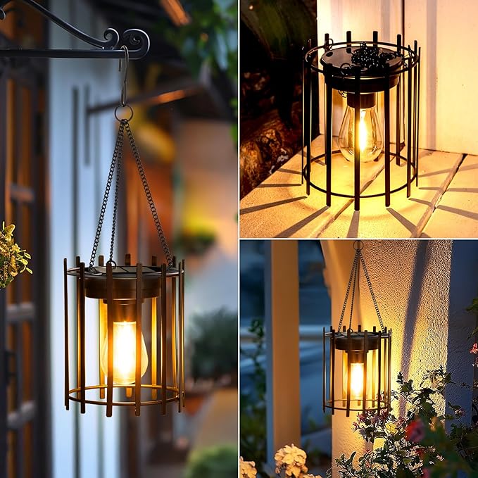 KOOPER Solar Lanterns Outdoor Waterproof, 4 Pack Upgraded Bright Hanging Solar Lights Outdoor Lanterns Decorative, Auto ON/Off Metal Hanging Lantern Lights for Pathway Yard Patio Garden Decor