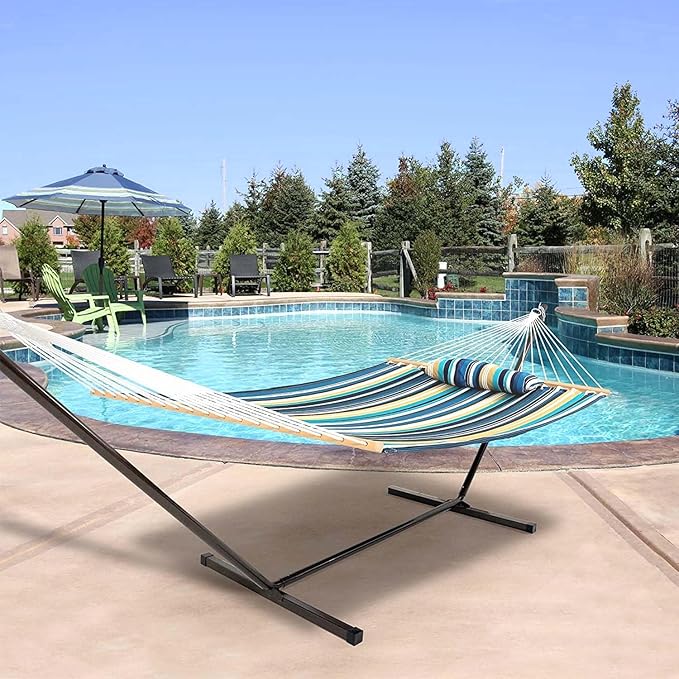 Lazy Daze Quilted Fabric Hammock with 12-Foot Stand, Double 2-Person Hammock with Pillow for Outdoor Outside Patio, Garden, Backyard, 450LB Capacity, Beach