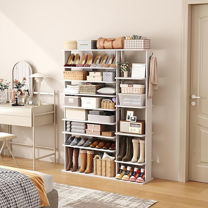 HOMEFORT 10 Tiers Shoe Rack, 50 Pairs Large Shoe Shelf, 61.8" Tall Shoe Tower, Freestanding Shoe Rack Organizer with Open Shelves, Wood Shoe Stand for Boot Storage, for Closet, Entryway, White