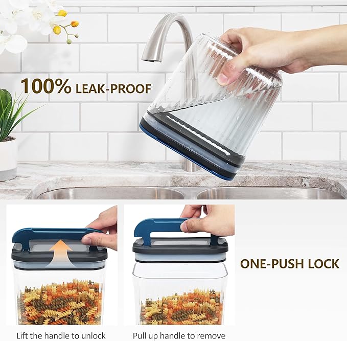 Flip-Lock Airtight Food Storage Containers 6-PC (0.6 Qt*2+1.6 Qt*3+3.4 Qt),Leakproof Ring Seal Top,Anti-Slip Pantry Canister for Flour Sugar,Coffee,Dog Food Treat,Rectangle Black