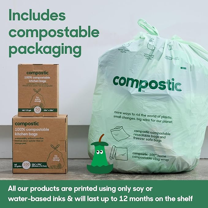 Home Compostable Trash Bags, 13 Gallon Tall Kitchen Rubbish Bags (23” x 29”), Extra Strong & Quickly Breaks Down, 50 Count