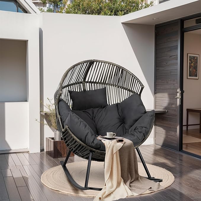 JAMFLY Egg Chair Outdoor Rocking Chairs, Wicker Patio Chair Oversized Lounger Chair with Cushion for Indoor Living Room Bedroom Outside Patio Backyard Balcony, Dark Gray