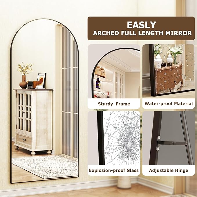 Arched Full-Length Mirror, 36"x78" Arched Floor Mirror with Stand, Wall-Mounted for Bathroom, Dressing Room - Hanging or Leaning - Full Body Mirror for Bedroom, Black