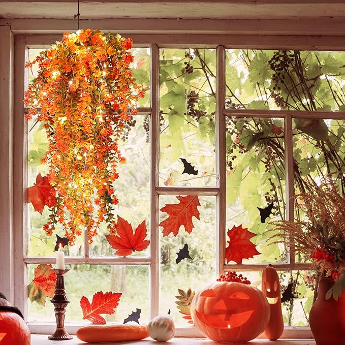 Fall Artificial Flowers - Faux Hanging Plants with Lights for Thanksgiving Indoor/Outdoor Wedding & Garden Party (Salmon)