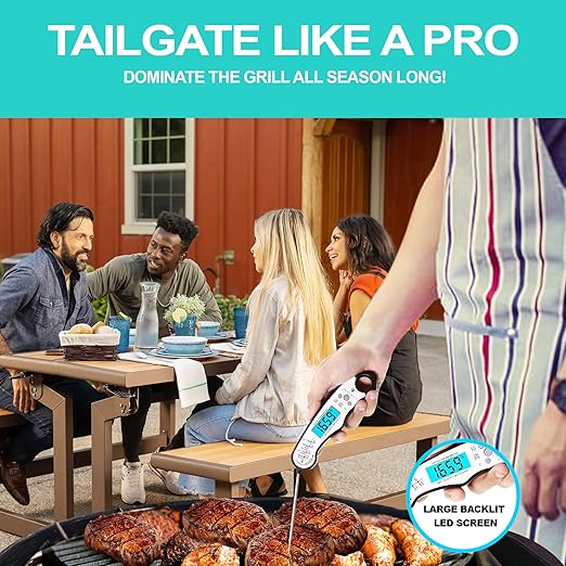 Instant Read Meat Thermometer for Cooking, Fast & Precise Digital Food Thermometer with Backlight, Magnet, Calibration, Foldable Probe, Waterproof Grill Thermometer for Deep Fry. (White Black)