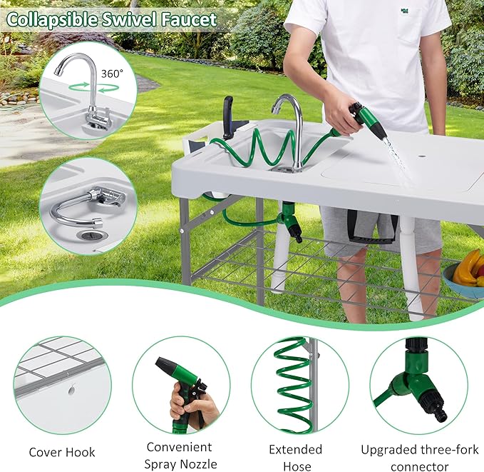 AHB 42'' Outdoor Fish Cleaning Table Portable Camping Sink Station with Double Sinks, Collapsible Swivel Faucet, Picnic Sink Table with 6pc Fish Cleaning Kit for Picnic Beach Patio