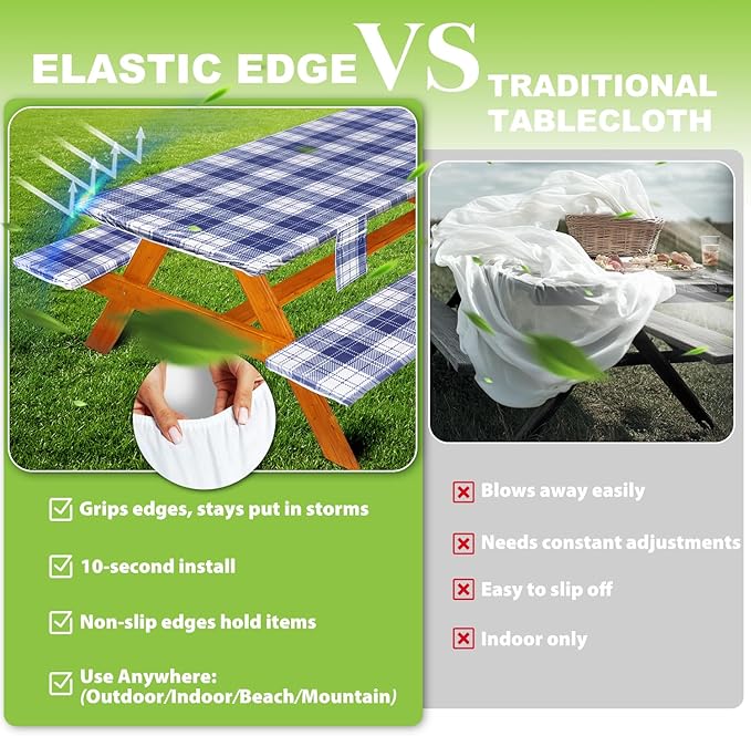 Fitted Picnic Table Cover with Bench Covers Waterproof Elastic Edges Rectangle Patio Tablecloth Outdoor Camping Essentials Stuff Rv Accessories Summer Trip Travel Camper Gifts for Woman Men, 96in 8 ft