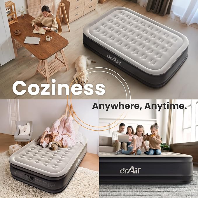 Queen Air Mattress, 18” Raised Inflatable Bed with Built-in Pump, Waterproof Velvety Top, Ergonomic Design, Reinforced Support, and Carry Bag for Home, Camping, and Guests