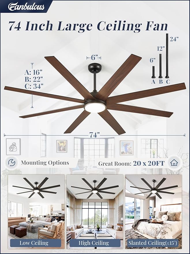74 Inch Ceiling Fans with Lights and Remote, Black Indoor/Outdoor Ceiling Fan with Quiet Reversible DC Motor, 6 Speeds, 3CCT, 8 Blades Large Ceiling Fan for Living Room Bedroom Patio