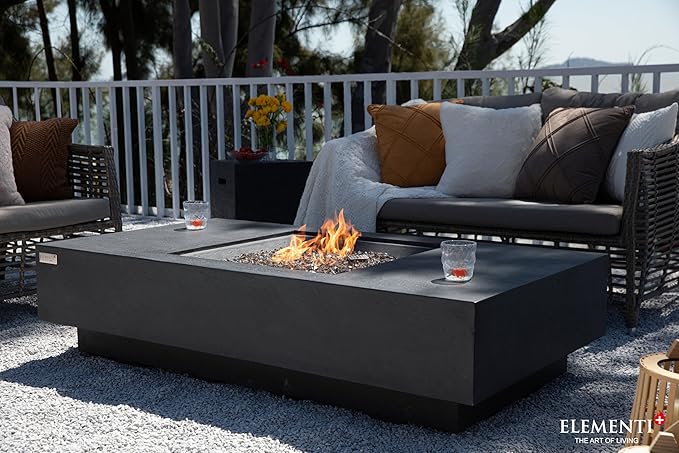 Elementi+ | Bundle Cannes Gas Fire Pit Cast Concrete 60" Rectangular Fire Table, Outdoor Fire Pit Electronic Ignition | Canvas Cover, Fire Glass and Burner Lid Included | Dark Gray | Propane Gas