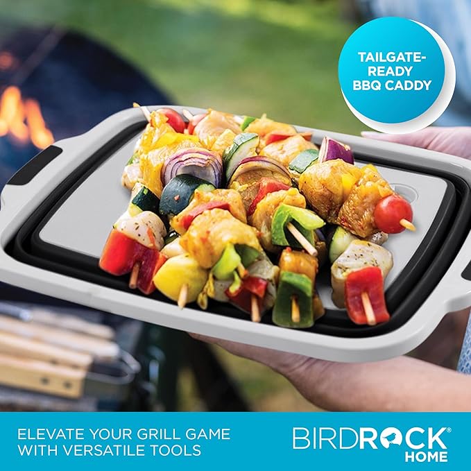 BIRDROCK HOME Collapsible XL BBQ Prep Tub w/Cutting Board, Multi-Function Grill Caddy w/Colander & Lid, Portable Silicone Dish Bowl for Picnic, Tailgate, Camping - Black