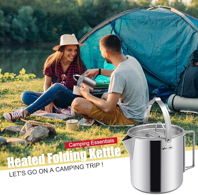 Camping Tea Kettle, Portable 1.2L Coffee Pot, Outdoors Camping Pot, with Handles and with Lids for Camping Hiking Picnic Camping, Backpacking, Silver