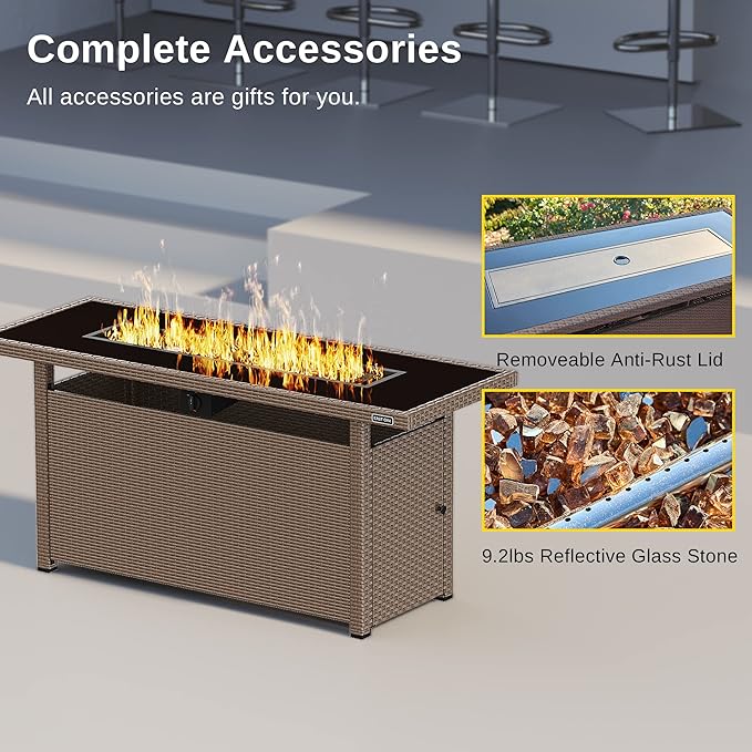 EAST OAK 57" Gas Fire Pit Table, 60,000 BTU Propane Fire Pit w/Large Tempered Glass Desktop, CSA Certified Outdoor Patio Fire Table with 9.2lb Glass Stone & Removable Lid, Chocolaty Coffee