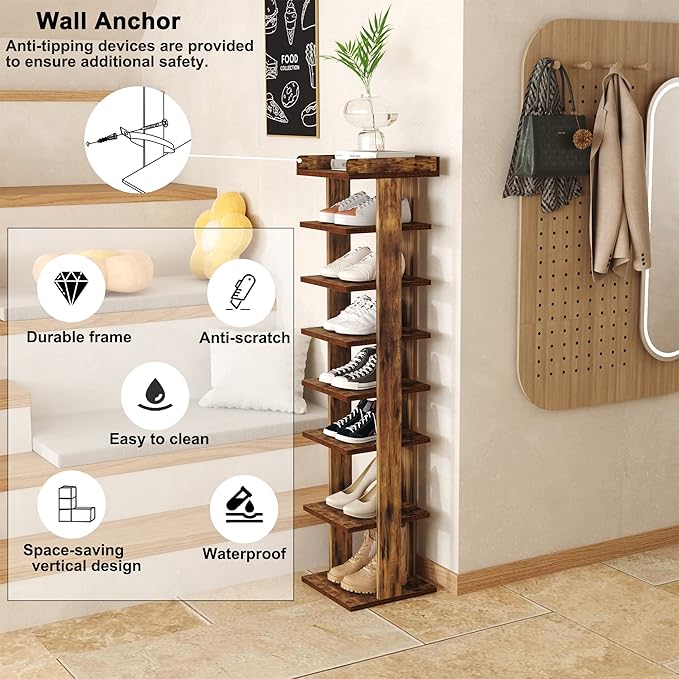 HOMEFORT 7-Tier Wood Shoe Rack, Entryway Shoe Tower,Vertical Shoe Organizer, Wooden Shoe Storage Stand, Rustic Brown