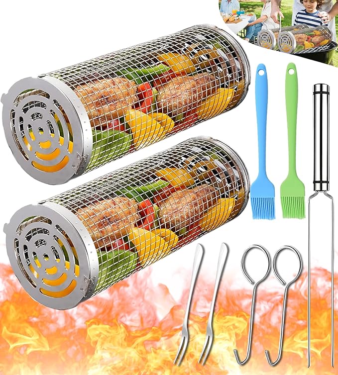 Rolling Grilling Baskets for Outdoor Grill Bbq Net Tube Stainless Steel Large Round Mesh Barbecue Accessories Wire Cylinder Cage Picnic Cooking Camping Basket for Veggies Vegetable Fish Meat