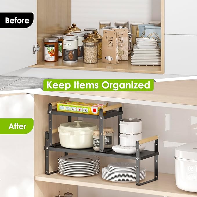 DOLALIKE Expandable kitchen Countertop Organizer, Stackable Cabinet Shelf Organizers, Space Saving Spice Rack Pantry Storage for Bathroom Office Organization (6.9''D*13-19.7''W*7.9''H, Black)