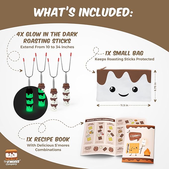 THE S'MORES COMPANY - Glow in the Dark Marshmallow Roasting Sticks - Set of 4 Rotating Smores Sticks - Telescoping Extra Long Marshmallow Sticks for Fire Pit, Campfire & Bonfire - Camping Accessories