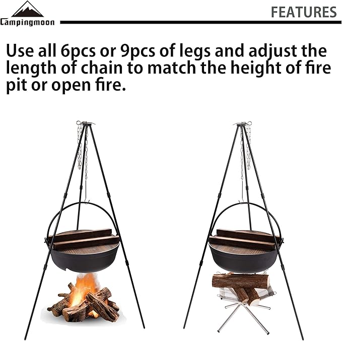 CAMPINGMOON Camping Tripod with Carrying Bag Portable Lightweight Aluminum 31.5-inch Height Stainless Steel Chain