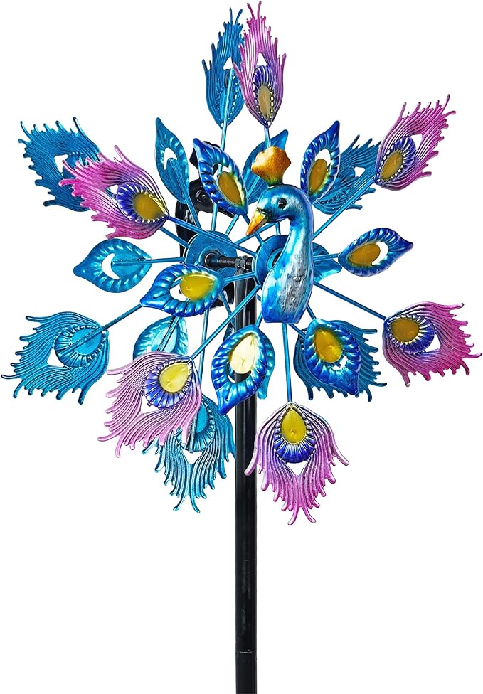 Alpine Corporation SLL2430 Double Layer Peacock Kinetic Wind Spinner Garden Stake, Colorful Statement Garden Décor, 55" H