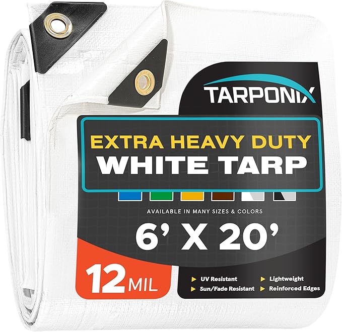 6' x 20' Extra Heavy-Duty White Poly Tarp – 12 Mil Thick, Waterproof, UV-Resistant Polyethylene with Reinforced Edges, Double-Stitched Hems, and Rustproof Grommets
