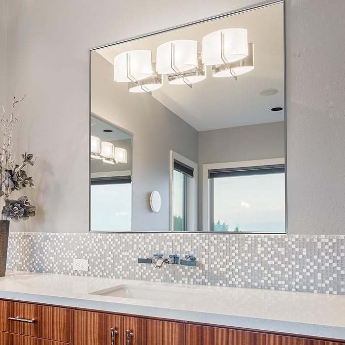 Frame My Mirror Silver Metal Framed Mirror, 20" x 48" Mirror for Bathroom, Metal Frame, True Reflections Glass, Satin Nickel Finish, Stanton Design, Hangs Horizontally or Vertically, Made in USA