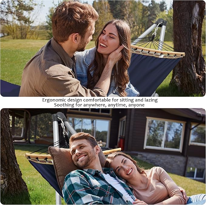 Tranquillo Ultimate Relaxation Portable Hammock Stand, Foldable Hammock Stand with Canvas Hammock, Spreader Bar, Quick Fold Unfold in 30 Seconds Steel Frame Hammock 600 lbs Capacity, White Frame, Navy